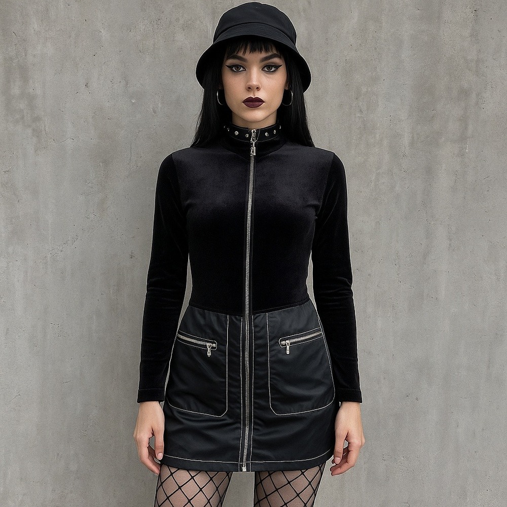 Vintage 90s Paris Blues Black Velvet Nylon Zip Front Mini Dress Y2K Clubwear USA